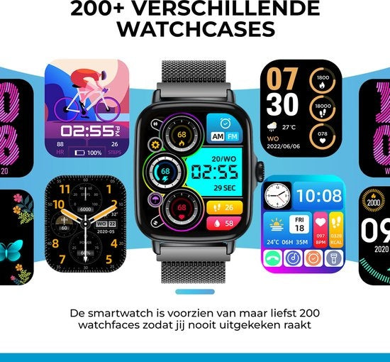 AyeWay Smartwatch - Stahlband - Wasserdicht & Touchscreen - 70 Sportmodi - Mit App - Smartwatch Männer & Frauen - Schwarz