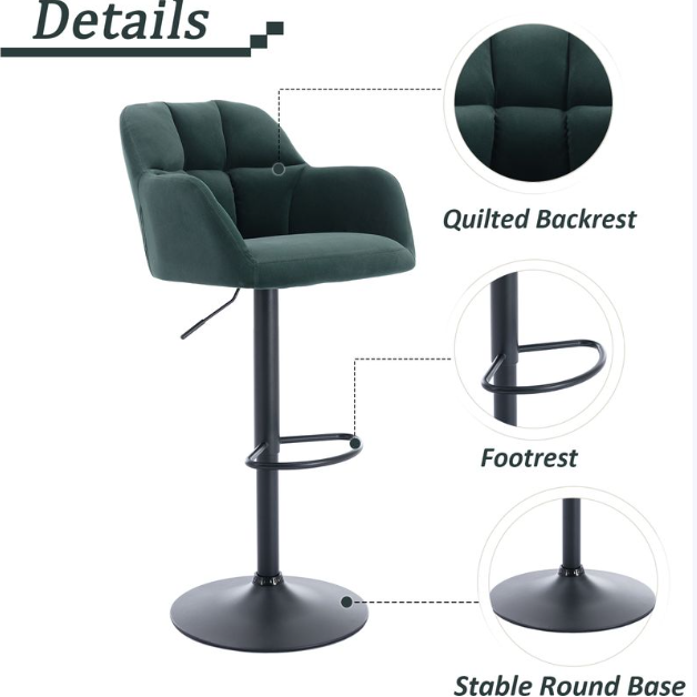 WAHSON Barhocker, 2er-Set, grün, Samt – höhenverstellbar 65–87 cm – drehbar