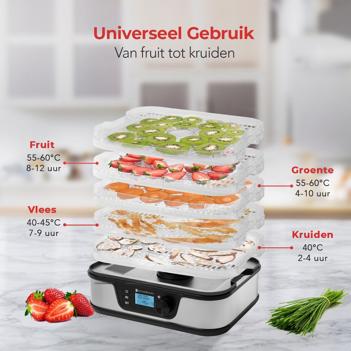 KitchenBrothers Dörrgerät - Elektrisch 380W - 5 Schichten - 9 Heizstufen - 35Â°C bis 75Â°C - LCD Display - Timer - Edelstahl/Schwarz