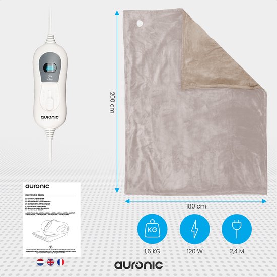 Auronic Electric Heat Blanket - Überdecke - 2 Personen - 3 Wärmestufen - Mit Timer - 200 x 180 cm - Taupe