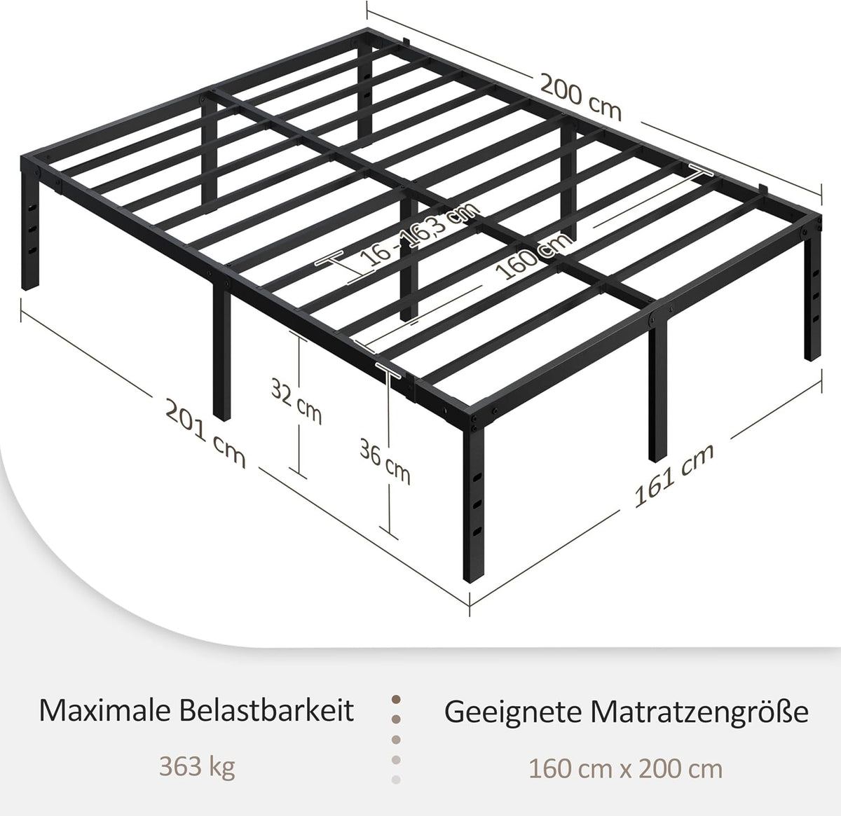 Yaheetech-Bettgestell aus Metall – inklusive Lattenrost – 160 x 200 cm – Schwarz