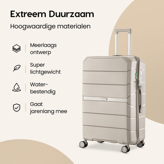 SKYCASES Urban Adventurer – Großer Reisekoffer – Zahlenschloss – 49 x 30 x 75 cm – 110 l – XL-Rollkoffer – Spinner-Räder & Kofferschloss – Beige