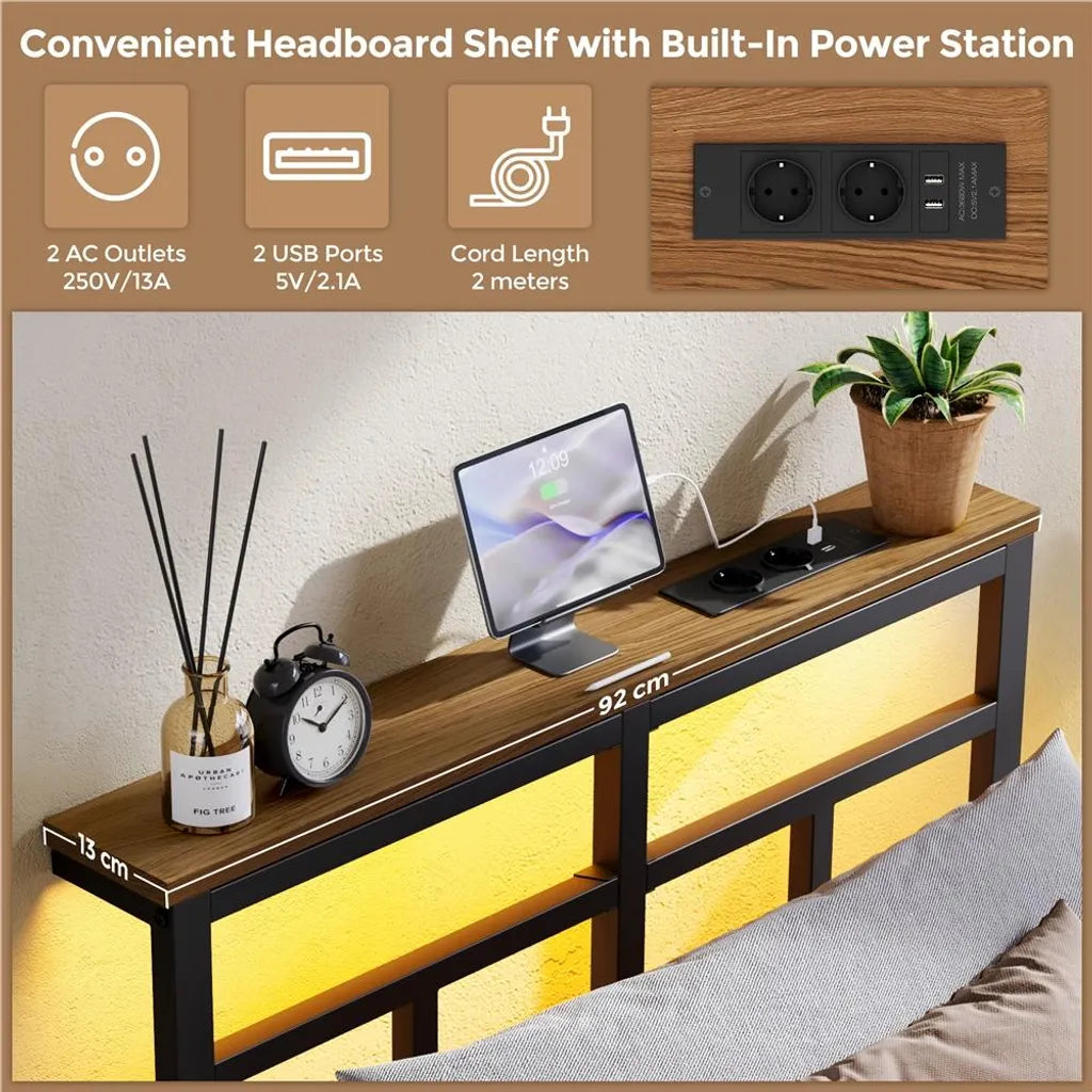 Yaheetech Metall-Bettgestell mit LED und Ladestation, 90 x 200 cm, schwarz