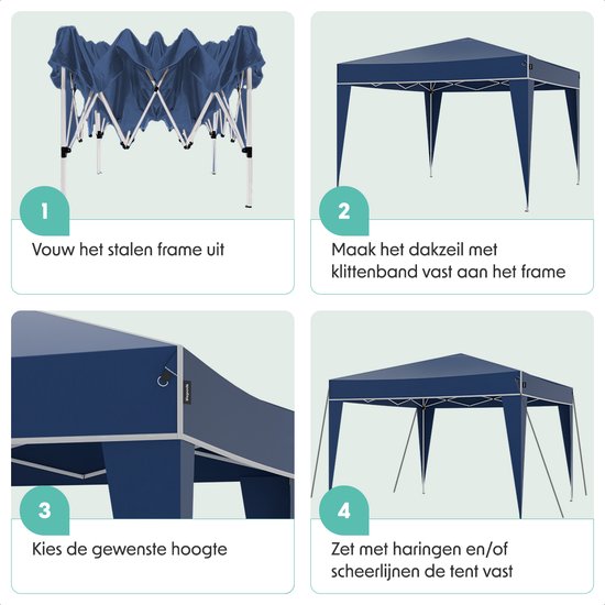 LifeGoods Party Tent Plus - Faltzelt - 3x3 m - Easy Up - Verstärkter Rahmen - Wasserdicht - Tragetasche - Blau