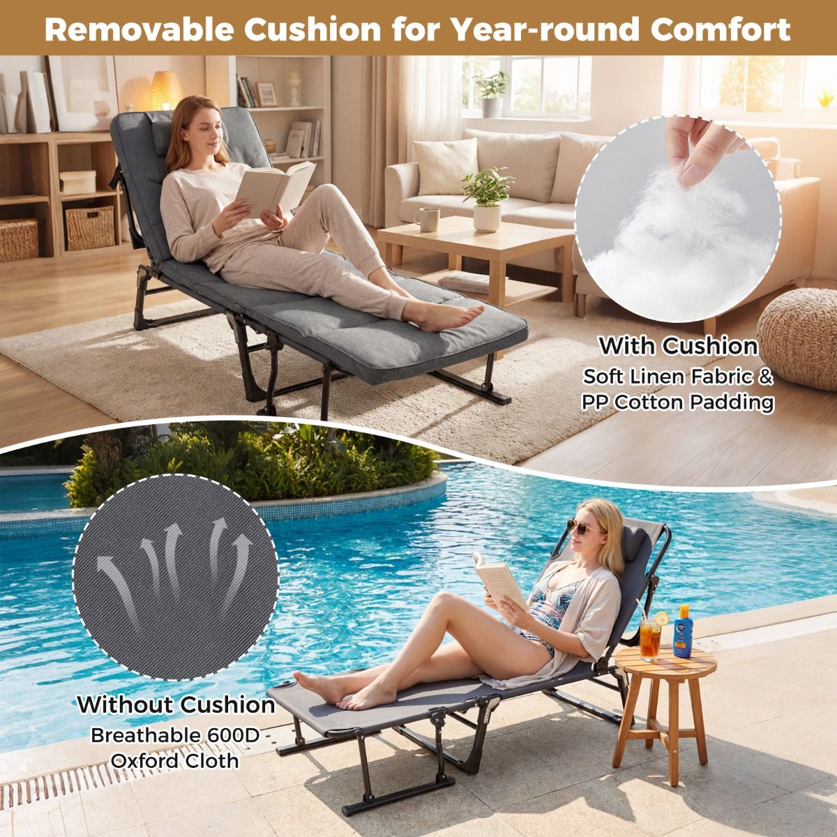 Coast Campingbett 3-in-1 – zusammenklappbares Feldbett und Liegestuhl – 6 Positionen – Grau und Schwarz