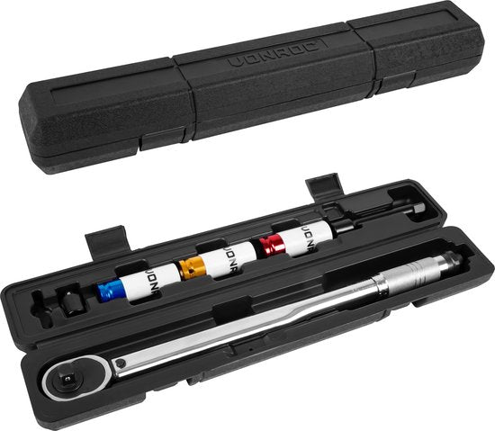VONROC Drehmomentschlüssel Â½" - 470mm - 28-210Nm - Inkl. 3-teiligem Steckschlüsselsatz, Verlängerungsstück und Reduzierstück/Adapter