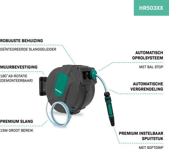VONROC Wand-Schlauchbox - Inkl. 15m Gartenschlauch, Verbindungsschlauch, Tülle, Kupplungen & Wasserhahnanschluss - Automatisches Aufrollsystem