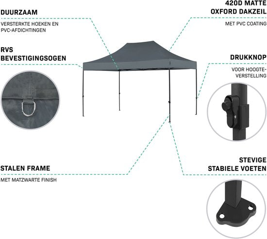VONROC Partyzelt – 3 x 4,5 m – Premium-Easy-Up-Partyzelt – Modulares Design – Zusammenklappbar – Wasserdicht – Stahlrahmen – UV-Schutz 50+ – Inkl. Aufbewahrungstasche – Grau
