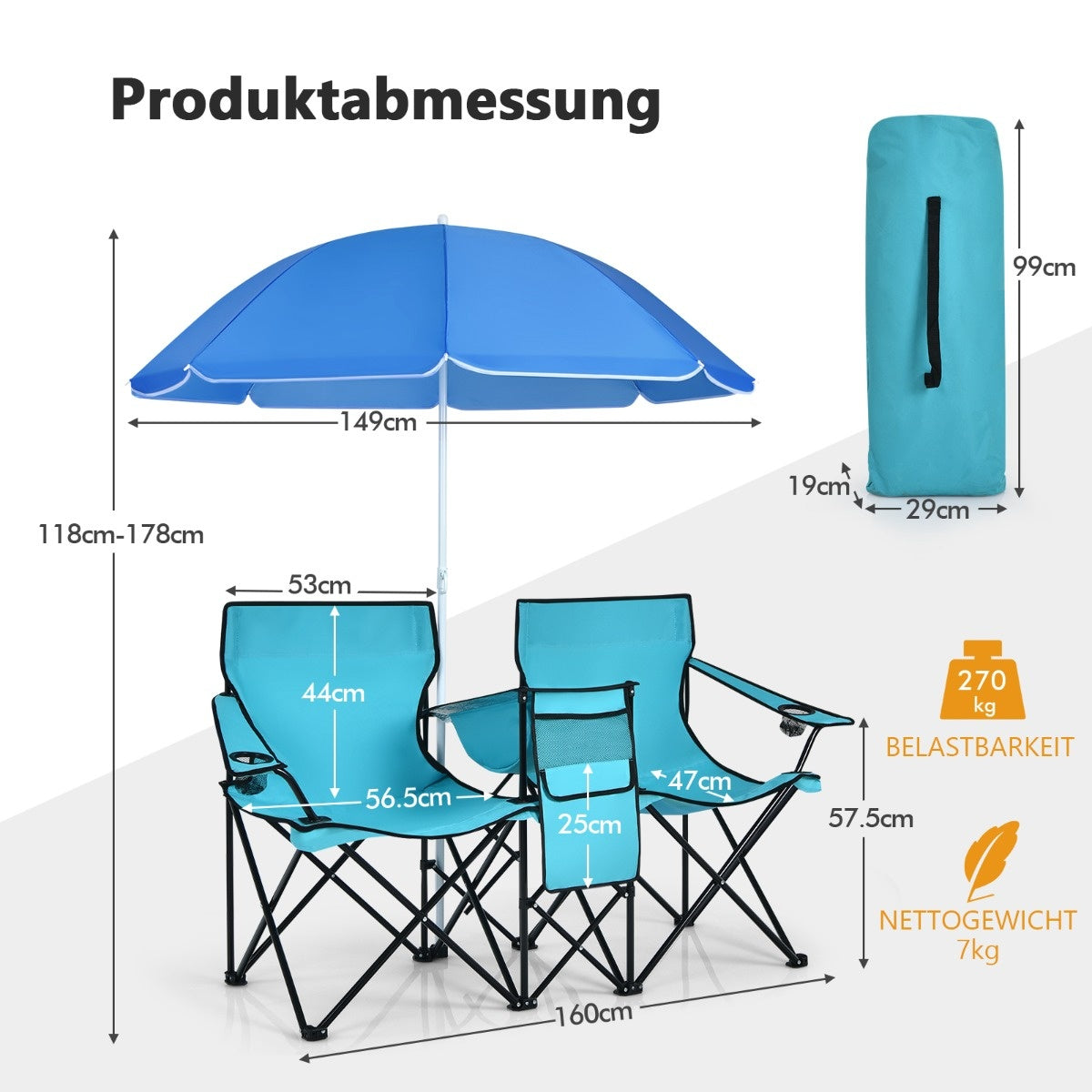 Coast campingstoel met parasol dubbele vouwstoel met bekerhouder koeltas turquoise