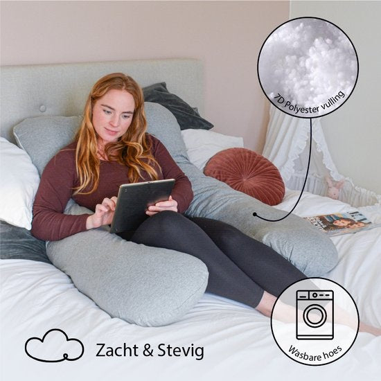 EL Life Umstandskissen XXL U-Shape - Stillkissen - Seidenschlafkissen - Körperkissen - abnehmbarer Jersey-Baumwollbezug - 140x80cm - Hellgrau