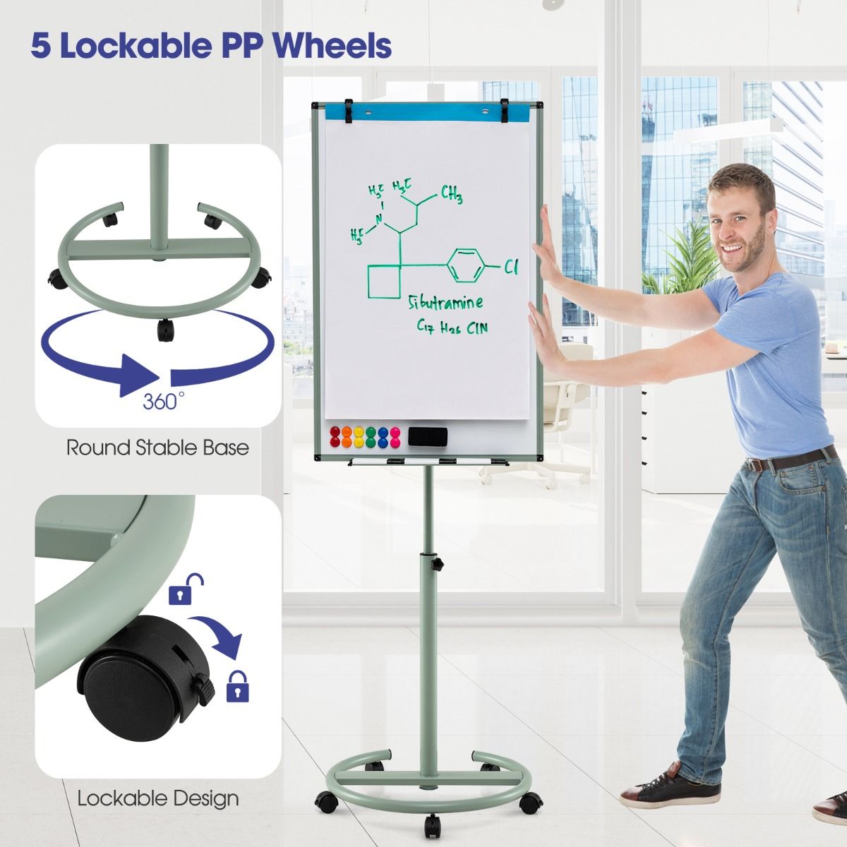 Coast Rollbares Whiteboard mit Magneten und Markern – höhenverstellbar – grün – 100 x 65 cm