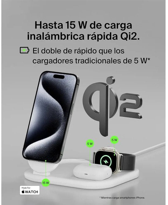 Belkin 3-in-1-Wireless-Ladegerät mit Qi2 15 W – MagSafe-kompatibel – Weiß