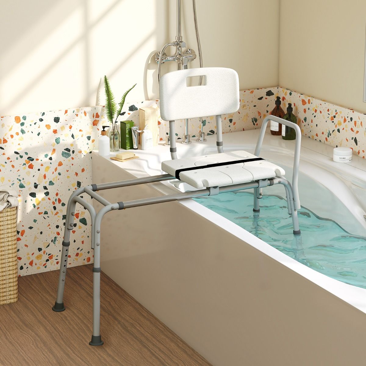 Coast Badewannenbank – Extra breite Sitzfläche - Höhenverstellbar - Mit Sicherheitsgurt – 105 × 49 × 85–95 cm – Weiß