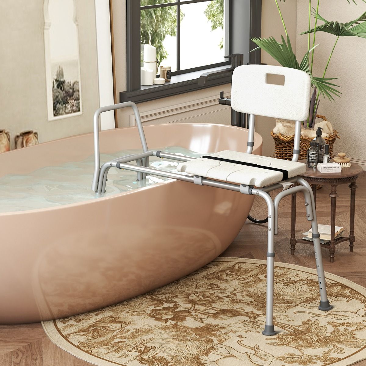 Coast Badewannenbank – Extra breite Sitzfläche - Höhenverstellbar - Mit Sicherheitsgurt – 105 × 49 × 85–95 cm – Weiß