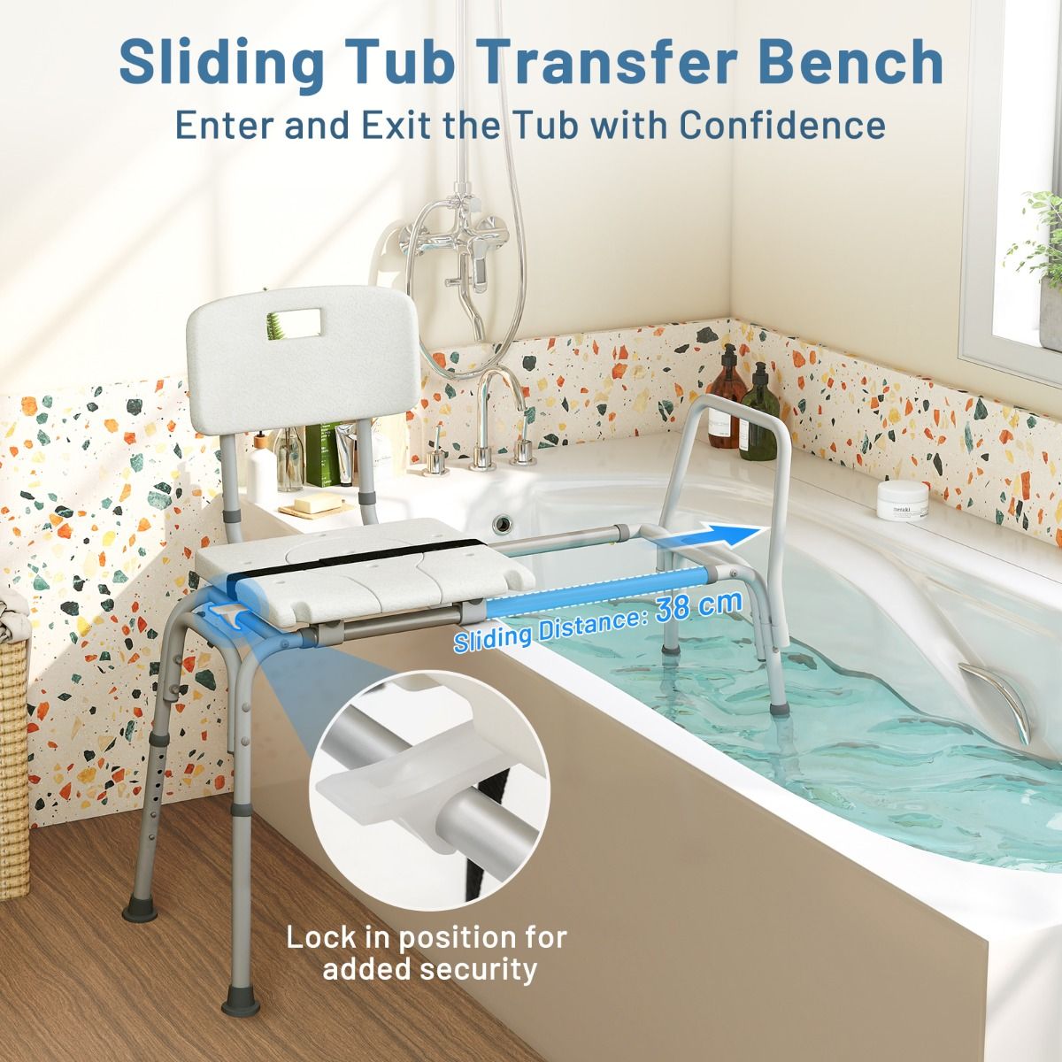 Coast Badewannenbank – Extra breite Sitzfläche - Höhenverstellbar - Mit Sicherheitsgurt – 105 × 49 × 85–95 cm – Weiß