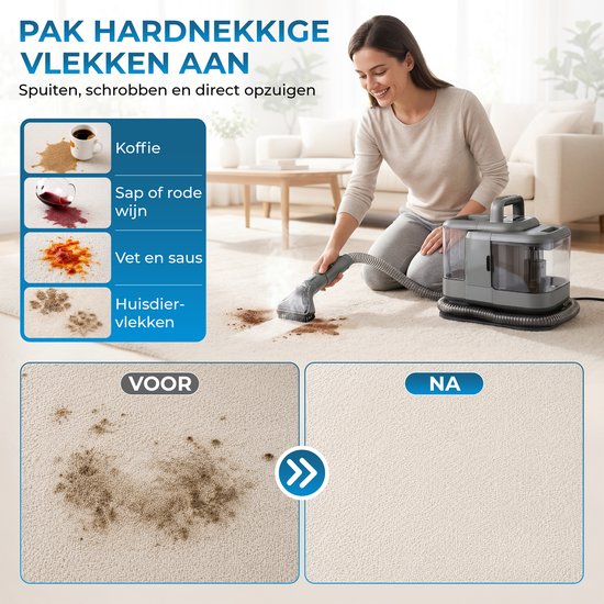 Powell Dampfreiniger – Teppichreiniger – Fleckenentferner – Sofa-Reiniger – Möbelreiniger – Teppichreiniger-Staubsauger – Reinigungsgerät – Teppichreiniger – 1800 Watt – Grau