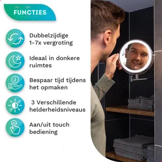 Mirlux Make-up-Spiegel mit Led-Beleuchtung - Wiederaufladbar - 7-fache Vergrößerung - Vergrößerungsspiegel mit Licht - Rasierspiegel - Badezimmerspiegel - Chrom
