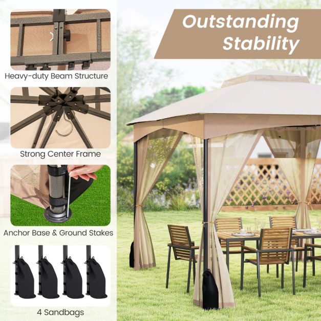 Küstenpavillon Khaki - 3 x 3,6 m Gartenpavillon mit Doppeldach, Maschendrahtwänden und Sandsäcken - 365 x 300 x 288 cm