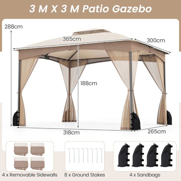 Küstenpavillon Khaki - 3 x 3,6 m Gartenpavillon mit Doppeldach, Maschendrahtwänden und Sandsäcken - 365 x 300 x 288 cm