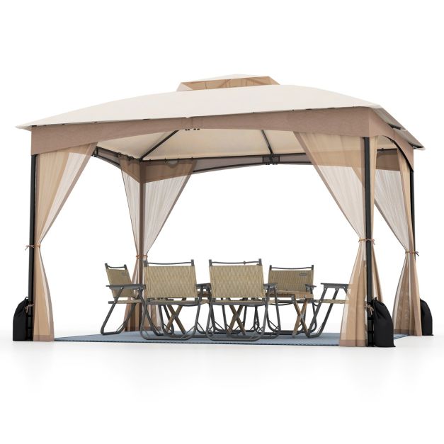 Küstenpavillon Khaki - 3 x 3,6 m Gartenpavillon mit Doppeldach, Maschendrahtwänden und Sandsäcken - 365 x 300 x 288 cm
