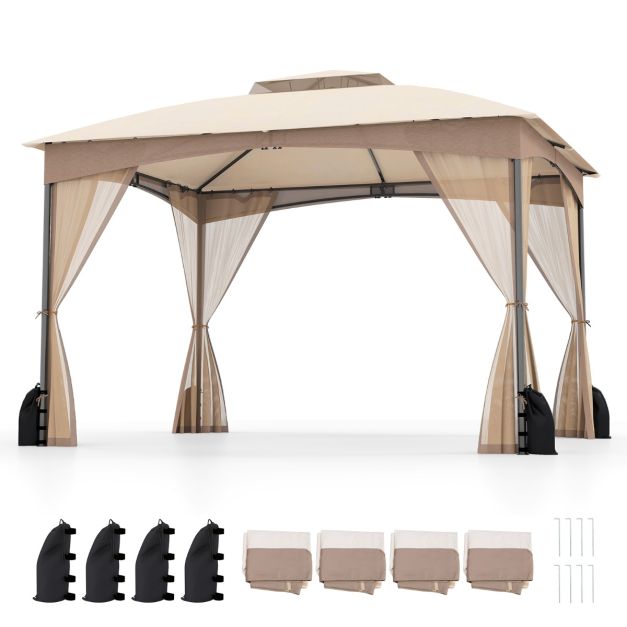 Küstenpavillon Khaki - 3 x 3,6 m Gartenpavillon mit Doppeldach, Maschendrahtwänden und Sandsäcken - 365 x 300 x 288 cm