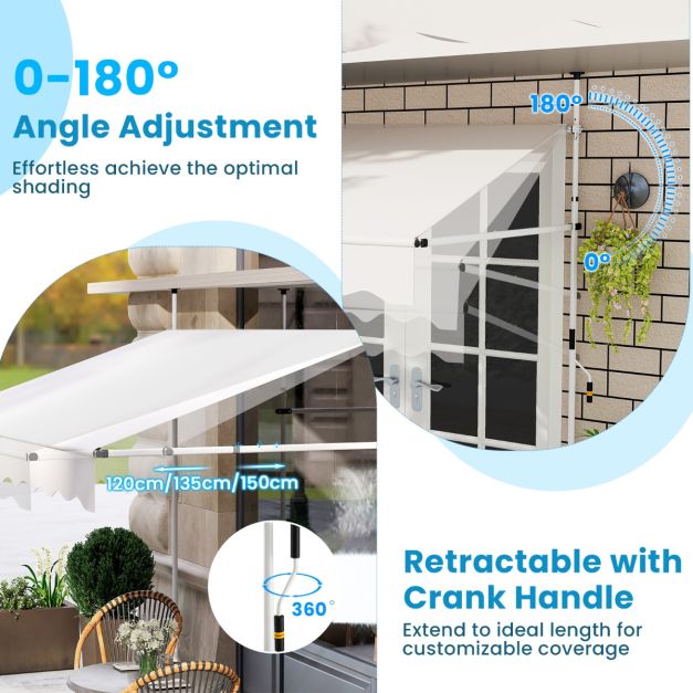 Coast Clamp Sunshade White - Balkon Sonnenschirm ohne Bohren mit Handvorhang - 250 x 120/150 x 210-300 cm