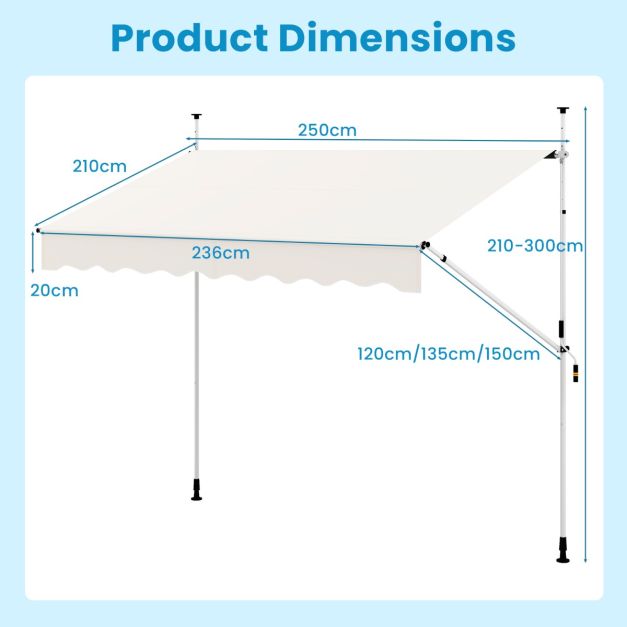 Coast Clamp Sunshade White - Balkon Sonnenschirm ohne Bohren mit Handvorhang - 250 x 120/150 x 210-300 cm