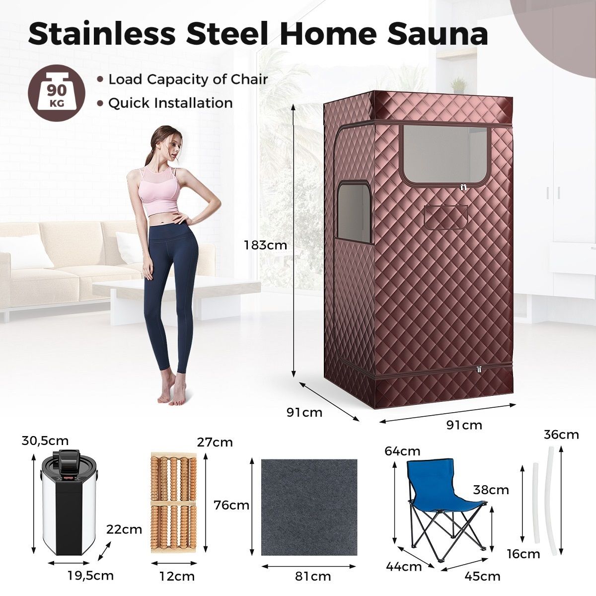 Coast Home Sauna-Zelt mit 3L Dampfgenerator - Ganzkörper-Dampfsauna - 91 x 91 x 183 cm - Kaffee