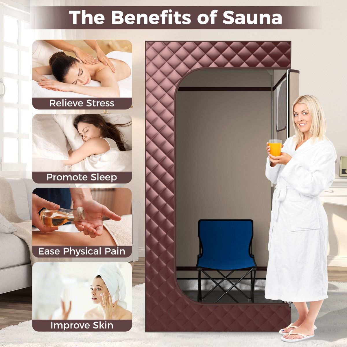 Coast Home Sauna-Zelt mit 3L Dampfgenerator - Ganzkörper-Dampfsauna - 91 x 91 x 183 cm - Kaffee