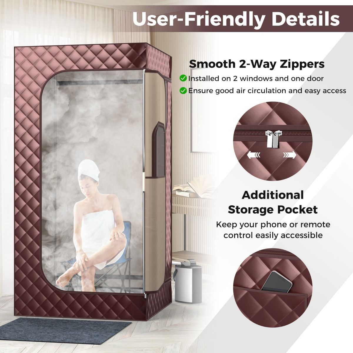 Coast Home Sauna-Zelt mit 3L Dampfgenerator - Ganzkörper-Dampfsauna - 91 x 91 x 183 cm - Kaffee