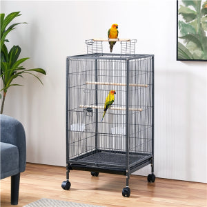 Yaheetech Vogelkäfig mit mobilem Unterbau - ausgestattet mit ausziehbarer Schublade und 4 Kunststoff-Futterstellen und 3 Holzstangen - für kleine Vögel und Sittiche - gehämmertes schwarzes Metall und Massivholz - 45,5 x 45,5 x 100,5 cm