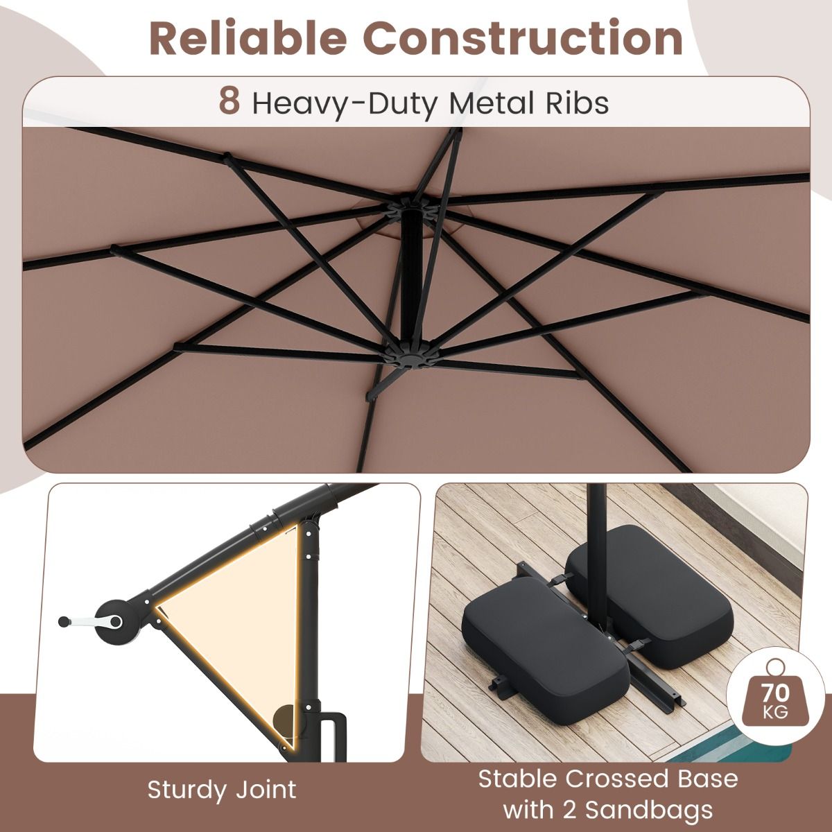 Coast Schwebeparasol mit LED-Beleuchtung – 9 Leuchtmodi – mit Sandsäcken und Pendel – braun – 300 x 260 cm