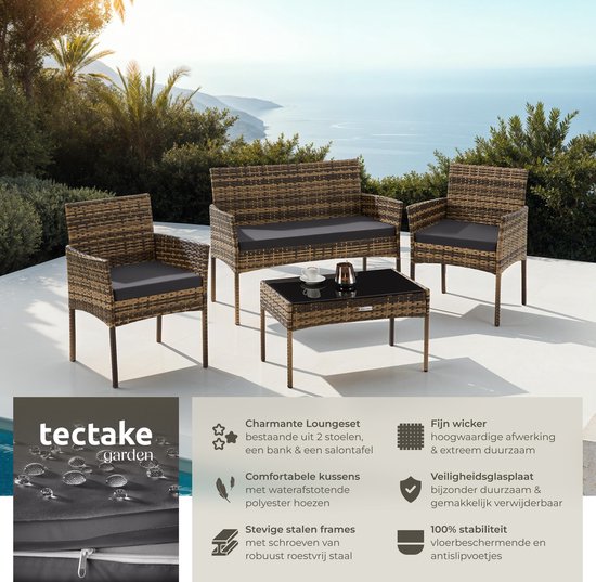 tectake® - Geflecht-Gartenset Palese - Sitzgruppe für 4 Personen - Gartenmöbelset mit Loungebank, Gartentisch und 2 Gartenstühlen inklusive Sitzkissen - Gartenmöbel - Wasserfest - Grau