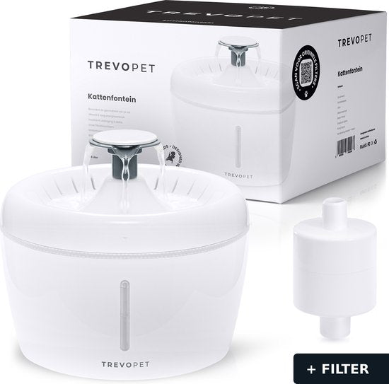 TrevoPet® Trinkbrunnen Katze - Wasserbrunnen Katze - Katzenbrunnen - Flüsterleise - Trinkbrunnen - Katzentränke - 2,5 Liter - einschließlich Filter - Weiß