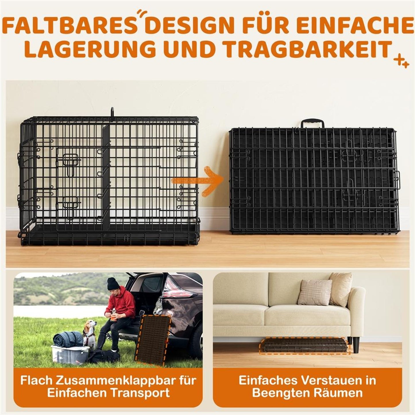 Yaheetech Faltbare Hundebox 90 x 56 x 63 cm – Schwarz – Mit Trennwand, Bodenfach und 2 Türen