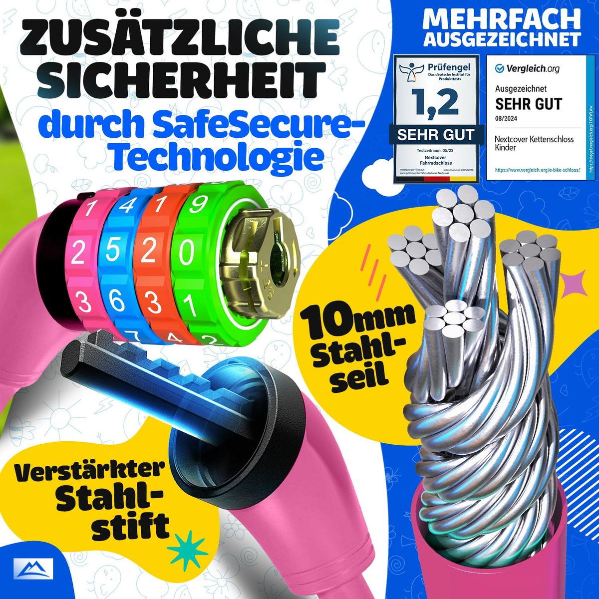 NEXTCOVER® Kinderfahrradschloss - 4-stelliger Zahlencode - Zahlenschloss Fahrrad mit bunten Zahlen - Scooterschloss Extra robust & sicher - Pink