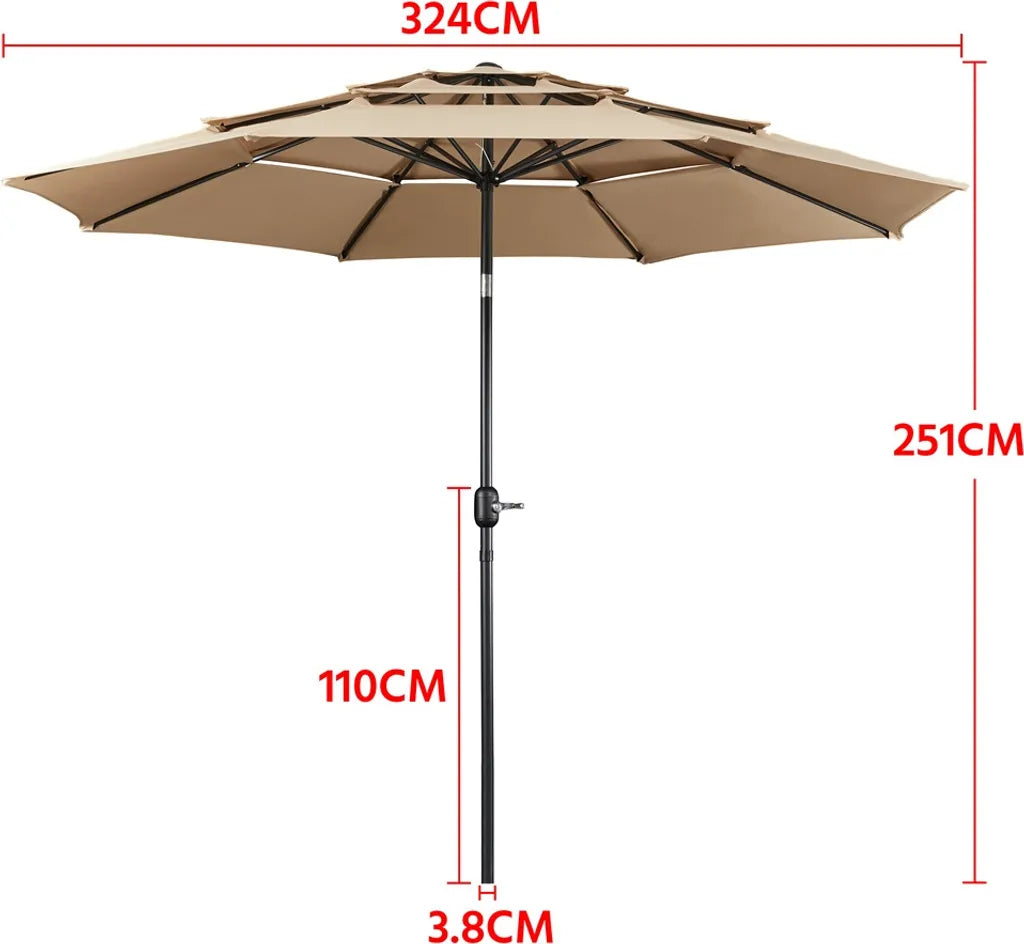 Yaheetech 3-lagiger, neigbarer Sonnenschirm, Ø 324 cm, hellbraun