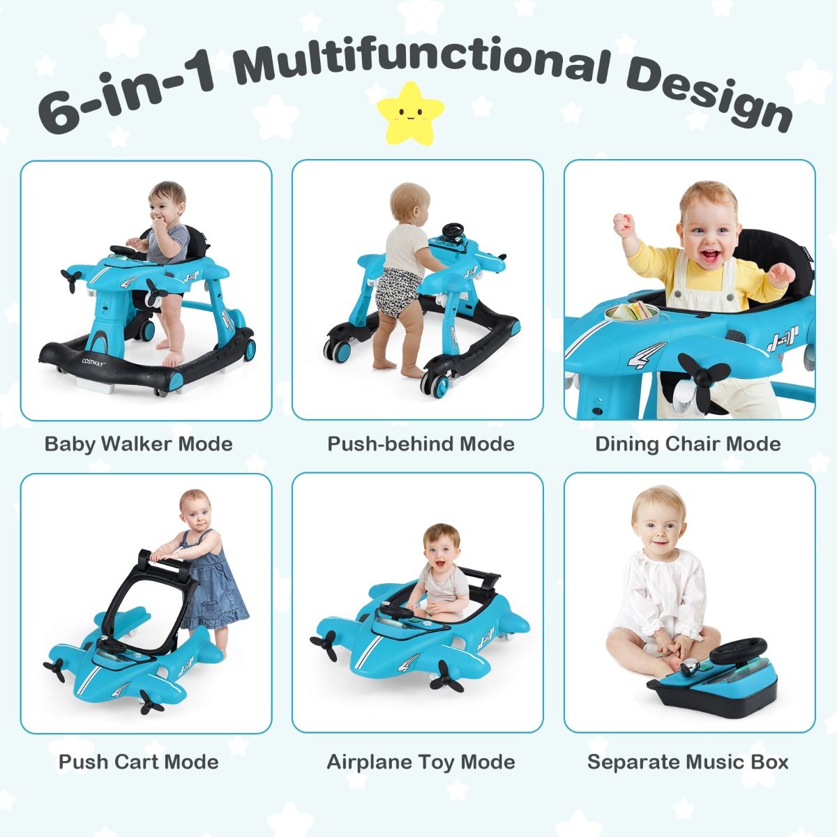 Coast Faltbarer Kinderlaufstuhl – 6-in-1-Design im Flugzeugstil – Höhenverstellbar – Blau/Rot
