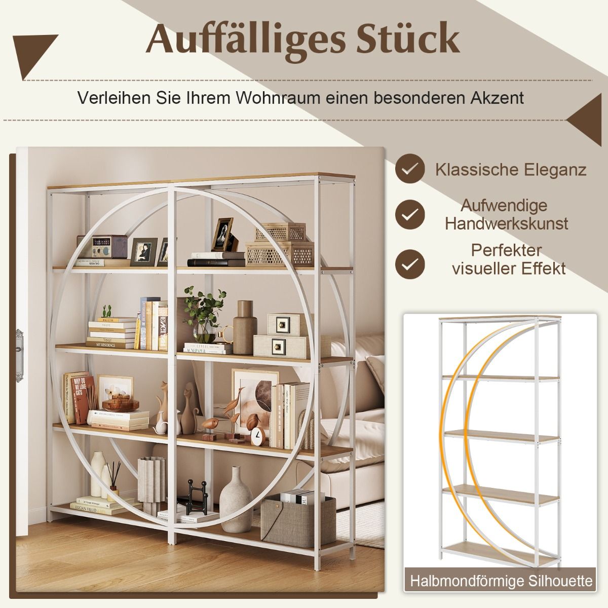 Coast Bücherregal – geometrisches Design – 5 offene Einlegeböden – weiß und naturfarben