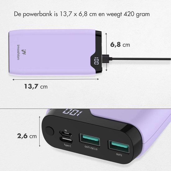 imoshion Powerbank 20000 mAh - Schnellladegerät 22,5W - LED-Anzeige - USB C & USB A - Geeignet für iPhone und Samsung, u.a. - Universal - Flieder