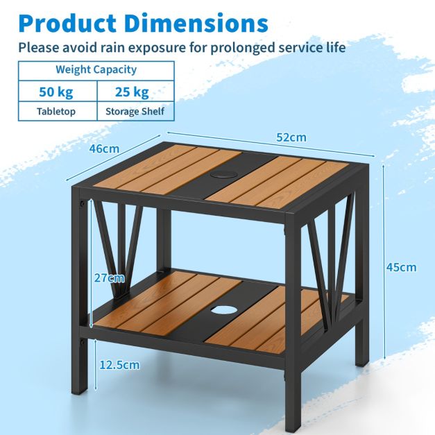 Coast Beistelltisch - Sonnenschirmloch - 2 Etagen - Metall - Ablagefläche - 52 x 46 x 45 cm - Schwarz Natur