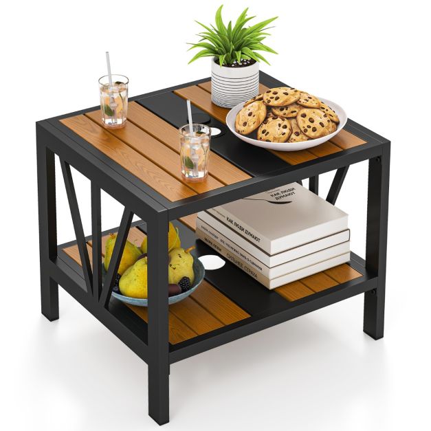 Coast Beistelltisch - Sonnenschirmloch - 2 Etagen - Metall - Ablagefläche - 52 x 46 x 45 cm - Schwarz Natur