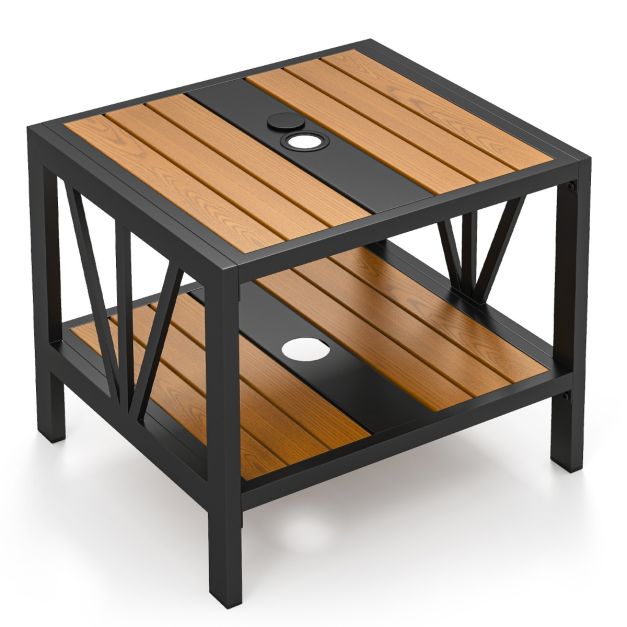 Coast Beistelltisch - Sonnenschirmloch - 2 Etagen - Metall - Ablagefläche - 52 x 46 x 45 cm - Schwarz Natur