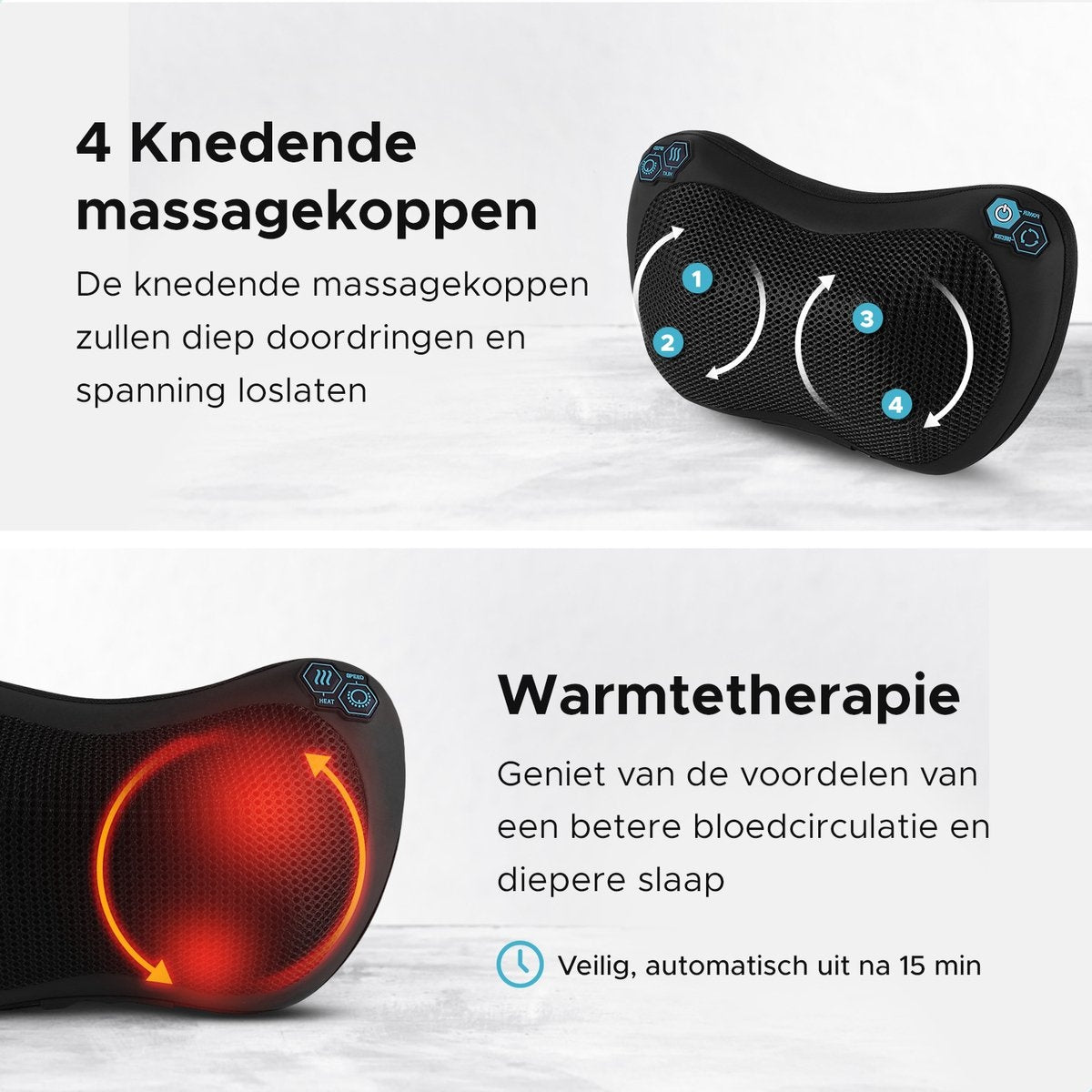 Qumax Massagekissen kabellos - Wiederaufladbar - Wärmefunktion - Elektrisches Shiatsu-Massagekissen - Schwarz
