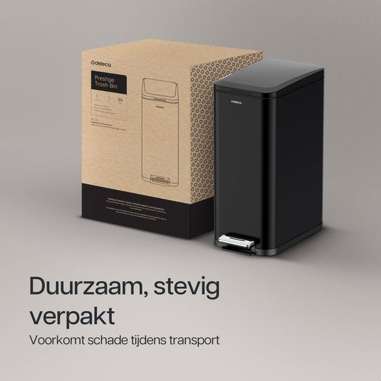 Deleca Mülleimer Prestige - 50 Liter - Schmal - Edelstahl Abfalleimer / Abfallbehälter / Tret-Abfalleimer - Mit Fußpedal und Slow Close - Mattschwarz