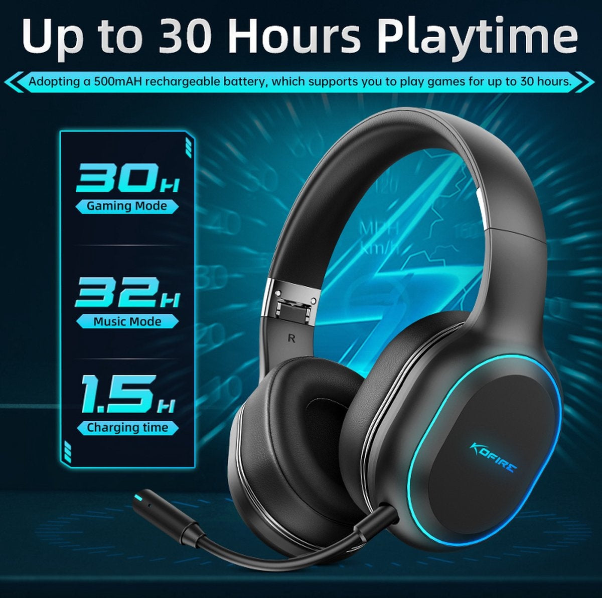 Kofire BG-05 Wireless Gaming Headset - Over-Ear Bluetooth Kopfhörer - mit Mikrofon - Schwarz