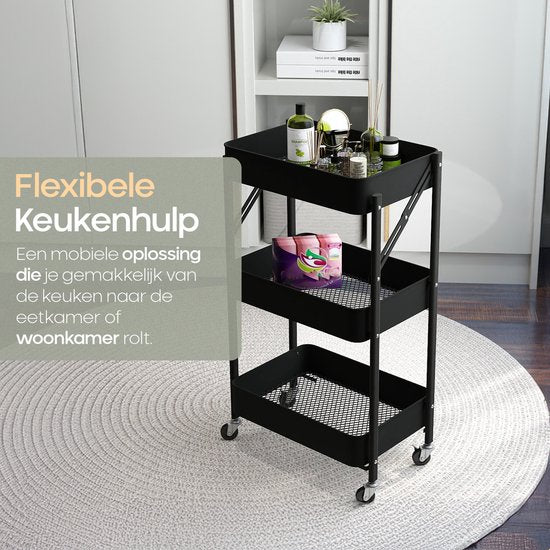 O'DADDY® Küchenwagen zusammenklappbar - 3 Lagen - Servierwagen auf Rädern - Küchenwagen - Rollbarer Tisch - Aufbewahrungswagen - Aufbewahrungswagen - Küchenregal - Schwarz