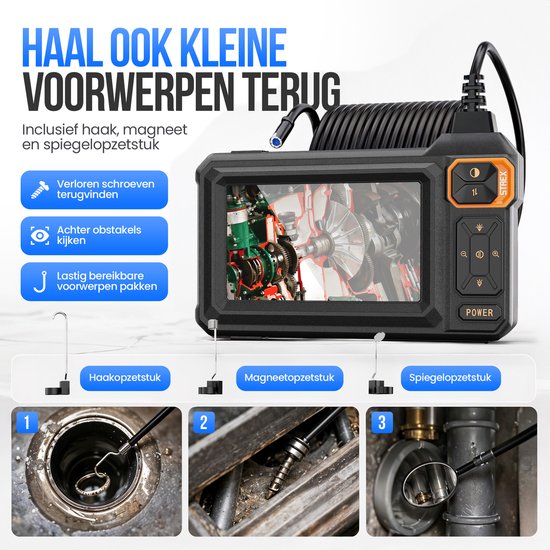 Strex Endoskop mit Bildschirm 15M – Inspektionskamera – Kanalinspektionskamera mit HD-Bild – IP67 wasserdicht – Einstellbare LED-Beleuchtung