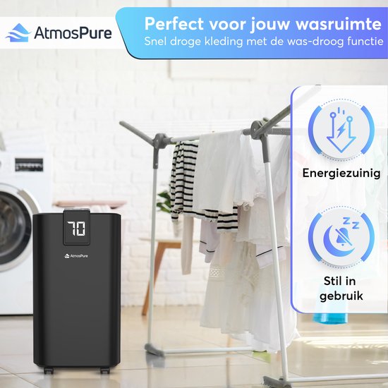 AtmosPure® Luftentfeuchter AirDry Elite – 12 l pro Tag – Wasch- und Trocknungsfunktion – Luftreiniger, ideal für Waschküche, Badezimmer, Wohnzimmer und Keller – Schwarz – Luftentfeuchter