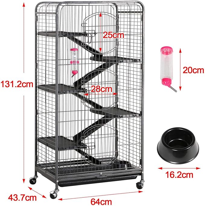 Yaheetech Nagetierkäfig 64 x 43,8 x 131,6 cm – Schwarz – Rollkäfig für Ratten, Frettchen, Chinchillas und Kaninchen
